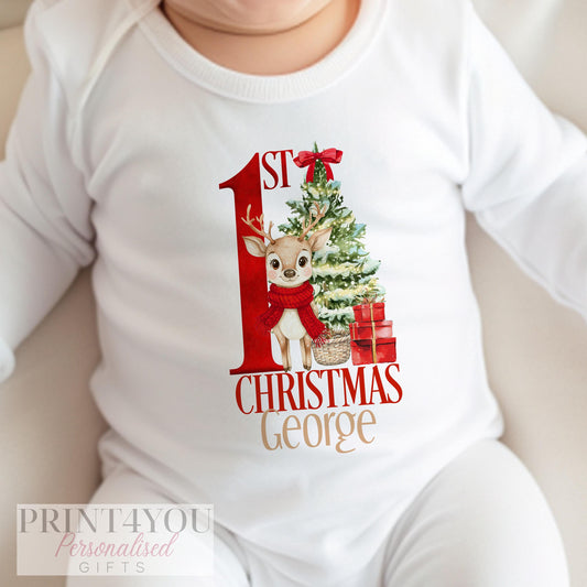 Personalised red reindeer baby bib for baby's first Christmas, printed with a custom name