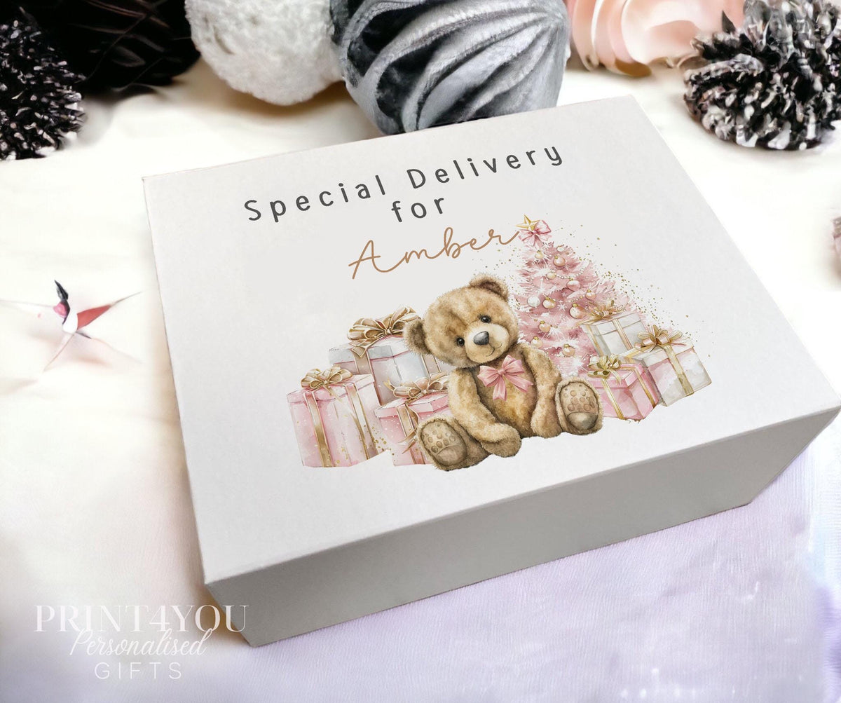 Personalised pink Christmas Eve gift box with magnetic close lid and Pink Teddy design, printed with a custom name, Medium 16x20x8cm size shown