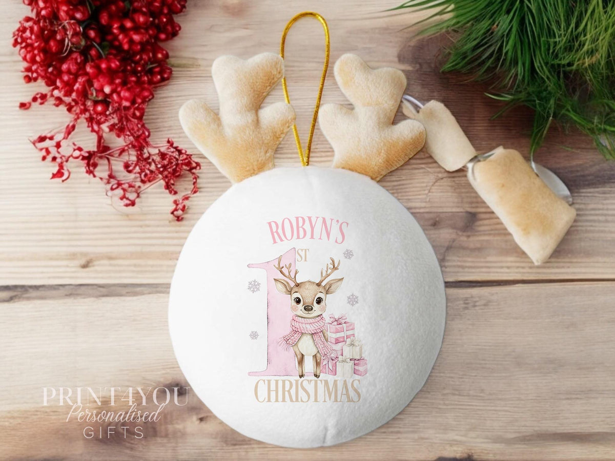 Personalised white plush Christmas bauble with pink reindeer antlers, Name only personalisation option