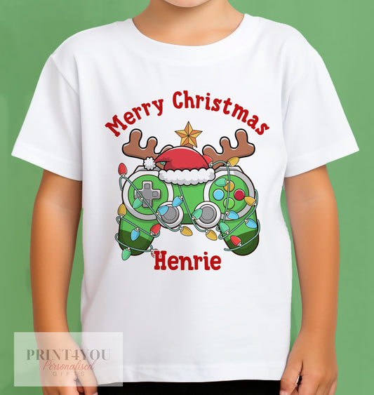 Personalised Christmas gaming controller t-shirt for kids, gingerbread man design, 0-3 month size