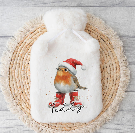 Personalised robin design fluffy Christmas hot water bottle with custom name, shown without the gift box add-on