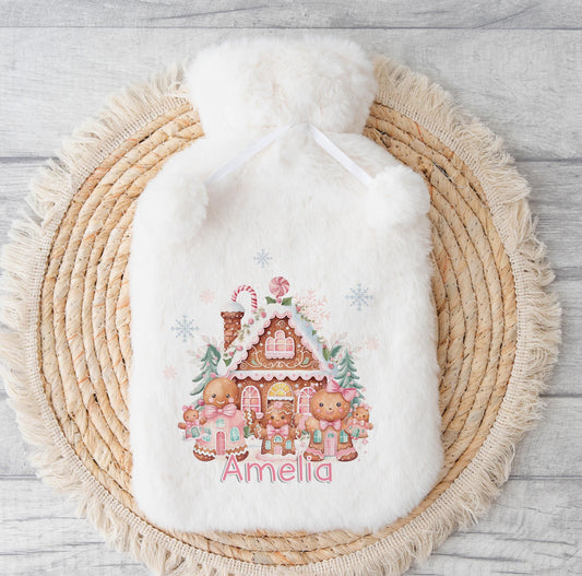 Personalised Santa and Gingerbread hot water bottle cover, No Thanks option without gift box