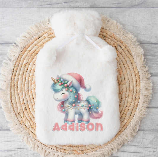 Personalised fluffy Christmas hot water bottle cover with custom name, shown without the gift box add-on
