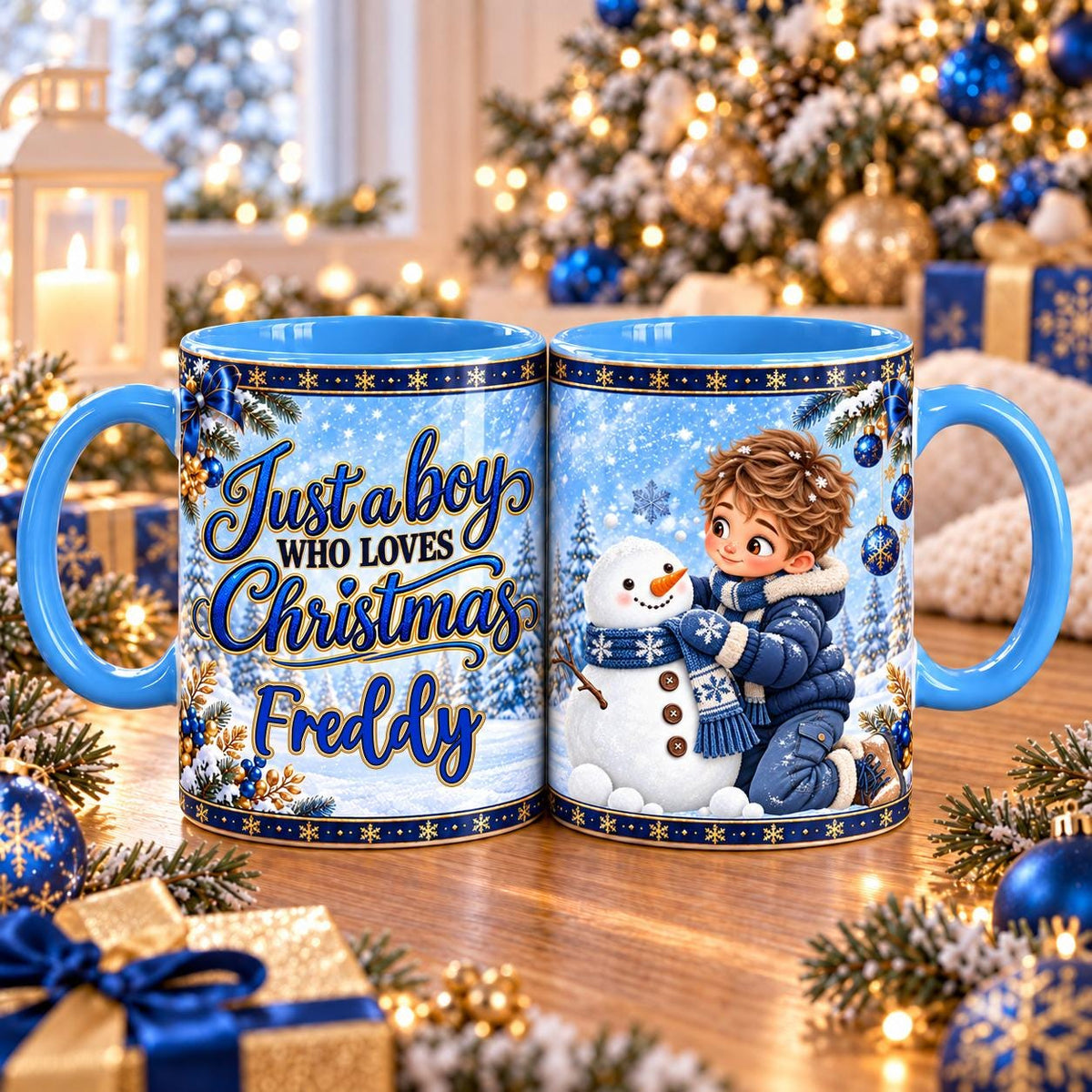 Just a Boy Who Loves Christmas mug – Snowman Hug design