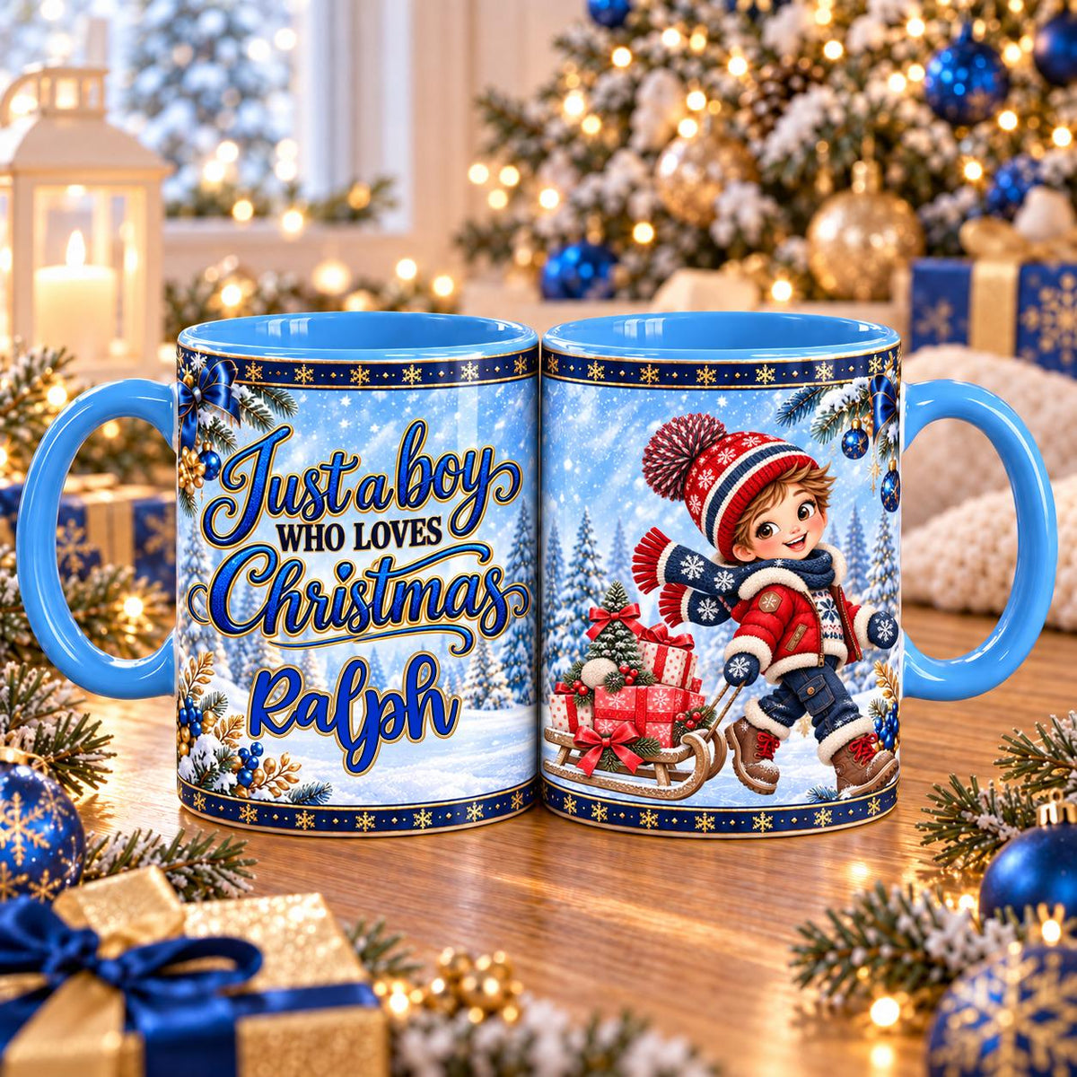 Personalised Just a Boy Who Loves Christmas blue handle mug – Sledge of Presents design