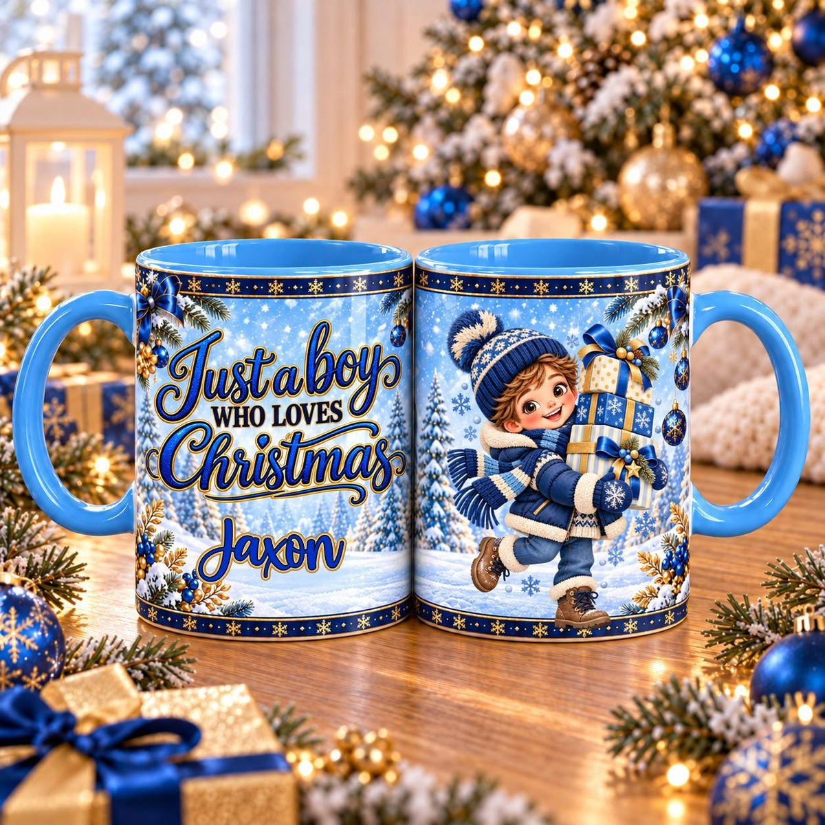 Just a Boy Who Loves Christmas mug – Presents Bobble Hat design