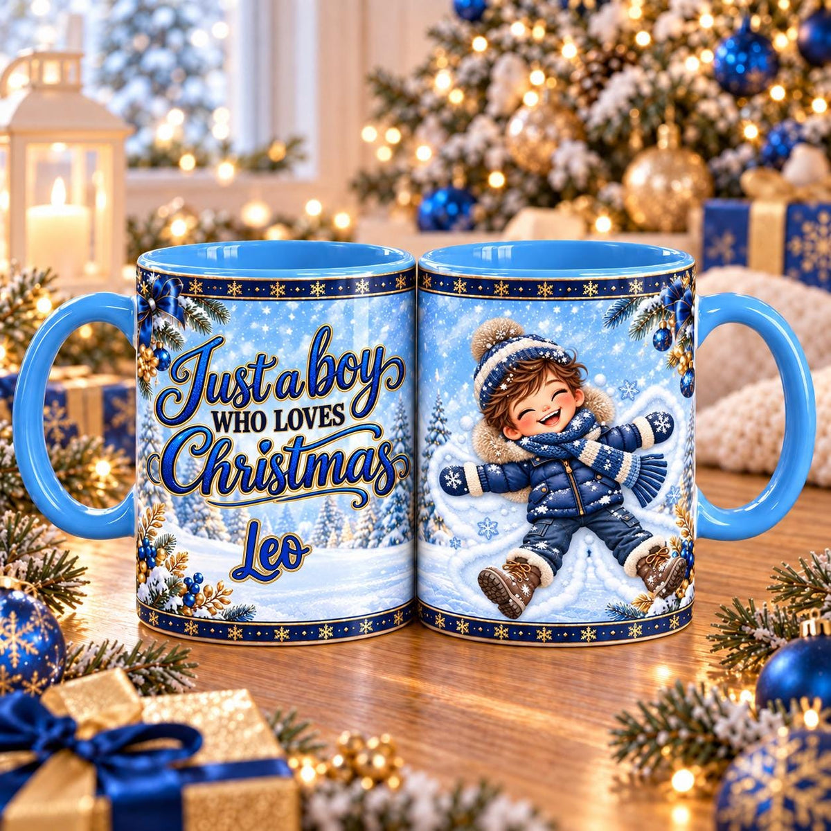 Just a Boy Who Loves Christmas mug – Snow Angel design