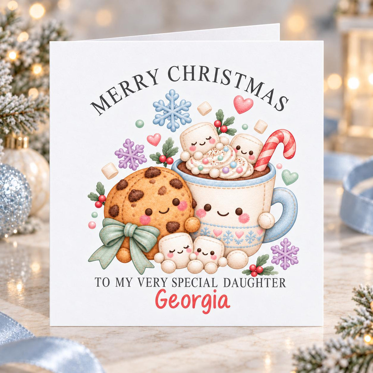 Personalised Cookie and Hot Chocolate Christmas Card, Any Name & Relation