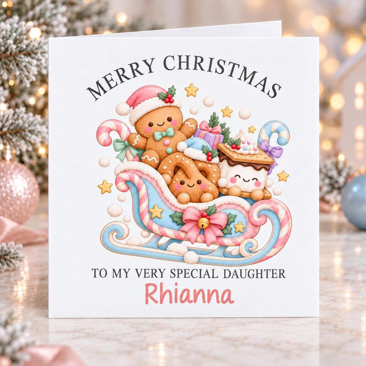 Personalised Gingerbread Sleigh Christmas Card, Any Name & Relation