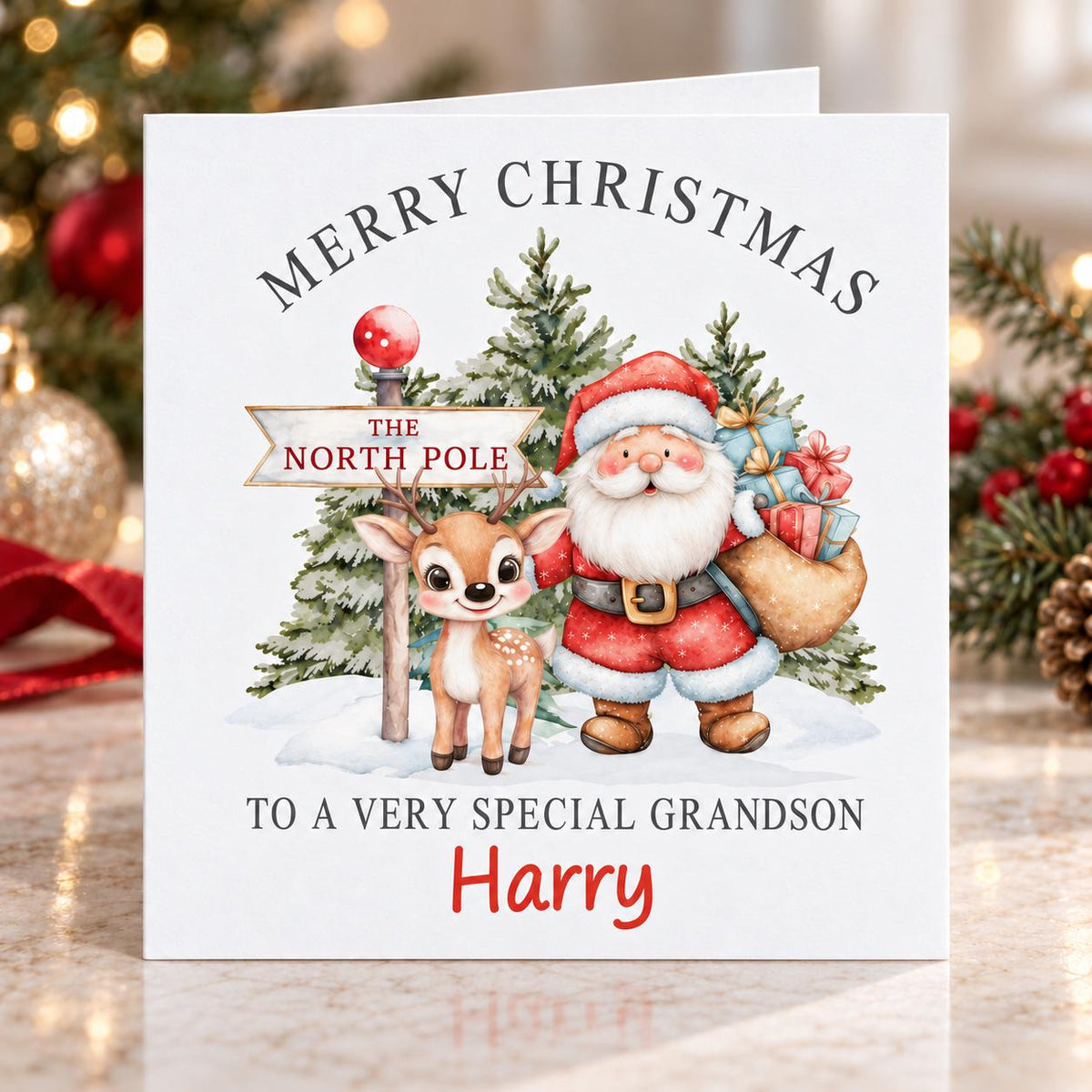 Personalised Santa and Reindeer North Pole Christmas Card, Any Name & Relation