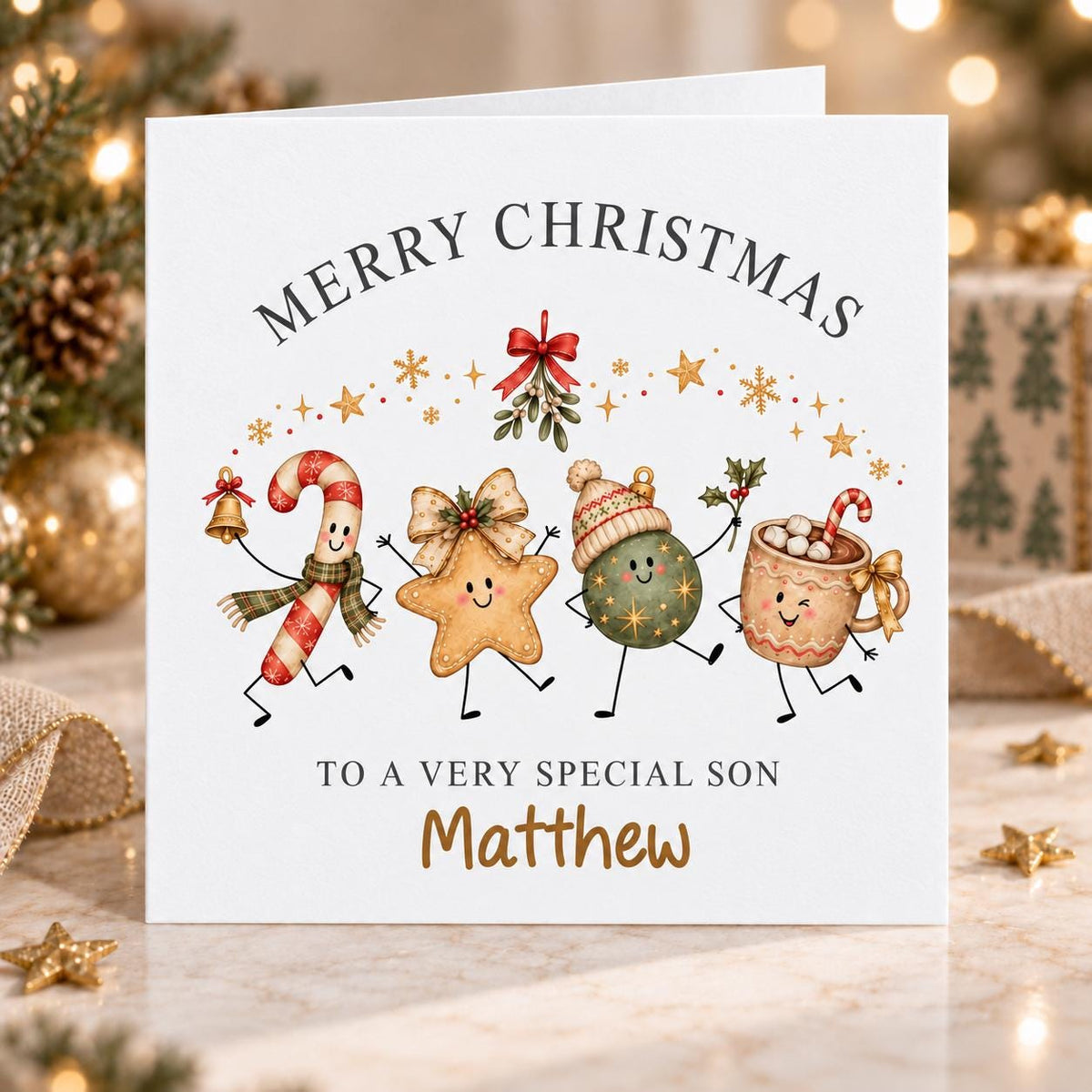 Personalised Dancing Christmas Treats Christmas Card, Any Name & Relation