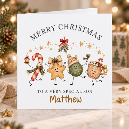 Personalised Dancing Christmas Treats Christmas Card, Any Name & Relation