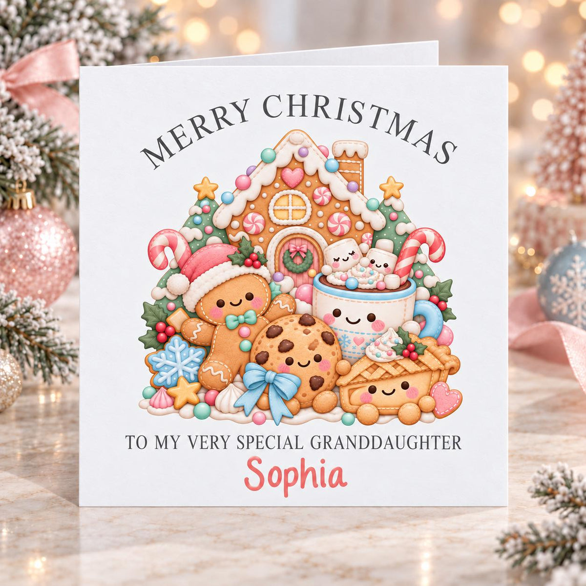 Personalised Gingerbread House Christmas Card, Any Name & Relation