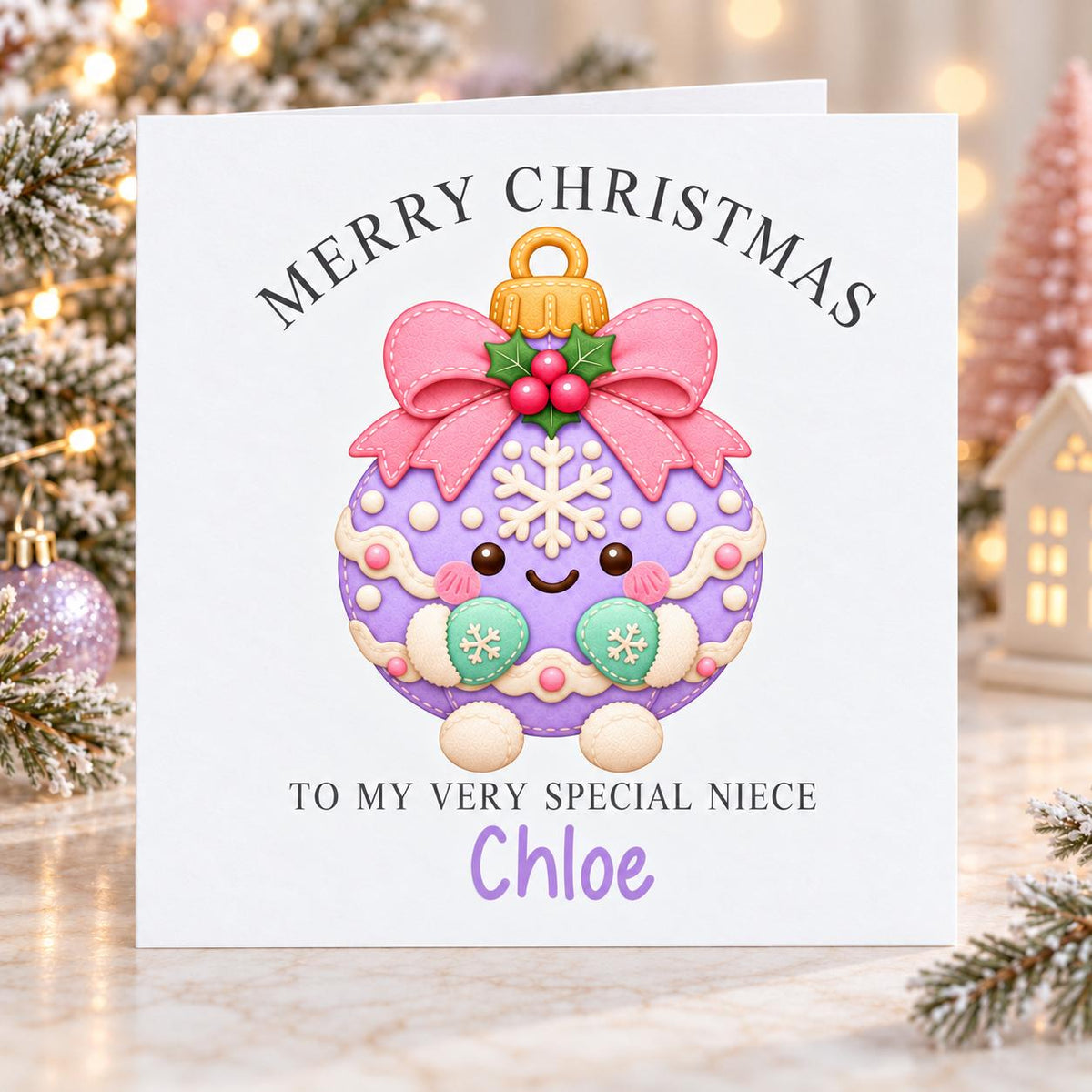 Personalised Lilac Bauble Christmas Card, Any Name & Relation