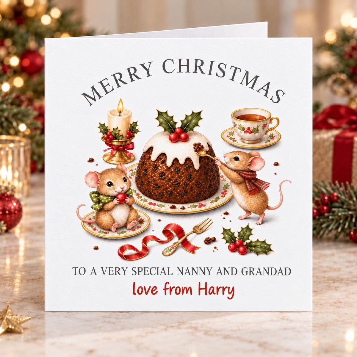 Personalised Pudding Mice Christmas Card for Nanny and Grandad, Any Relation & Love From Name