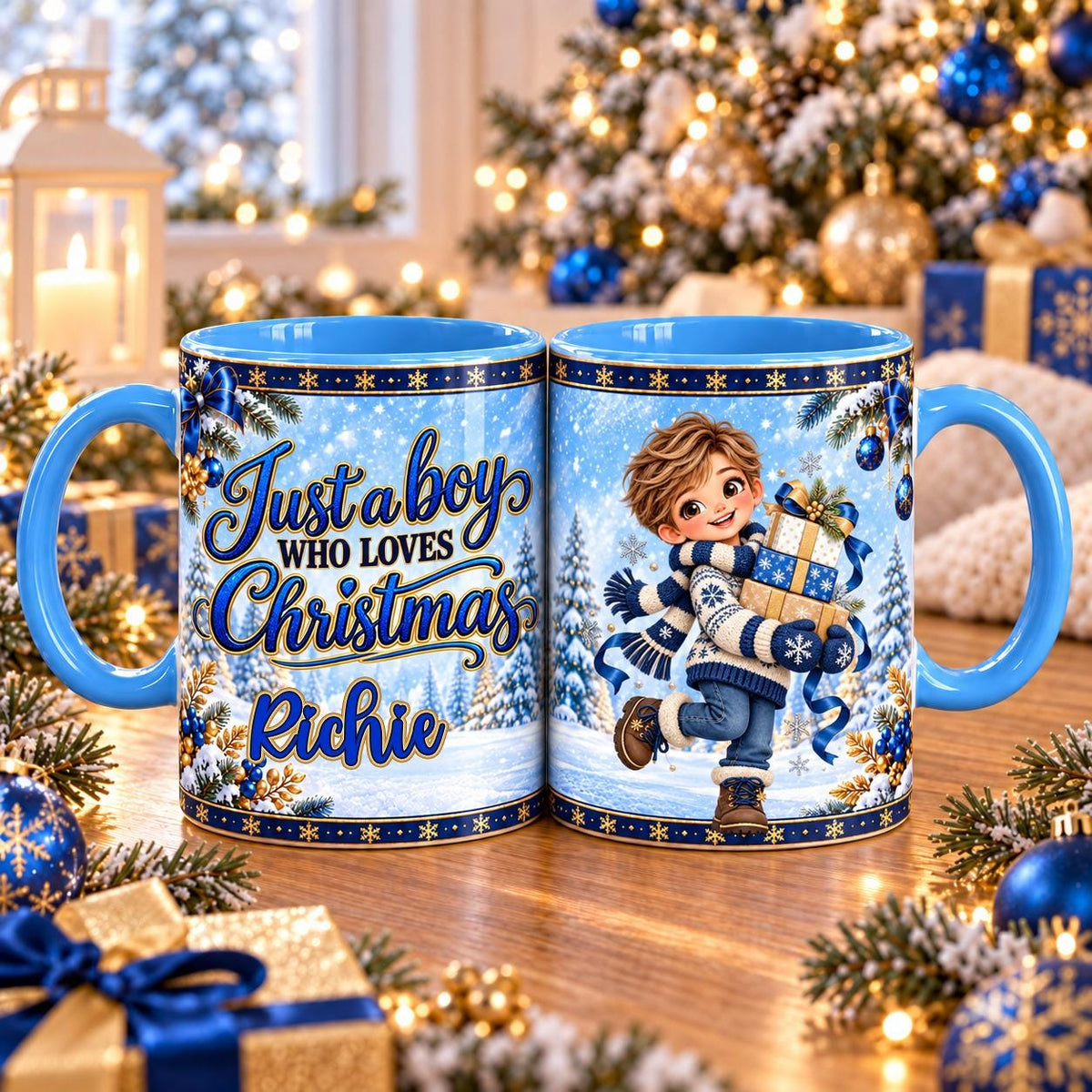 Just a Boy Who Loves Christmas mug – Presents Scarf design