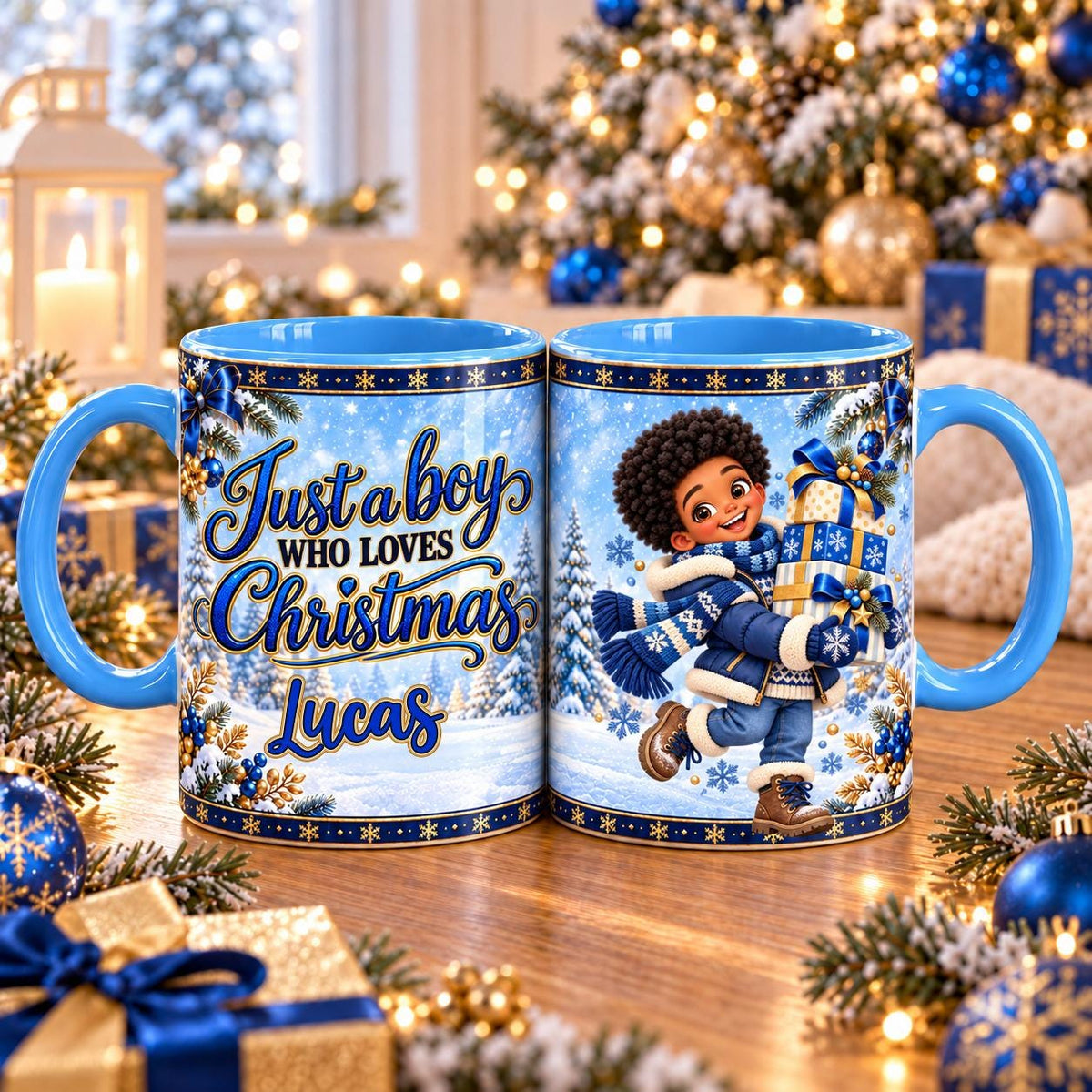 Just a Boy Who Loves Christmas mug – Presents Curly Hair design