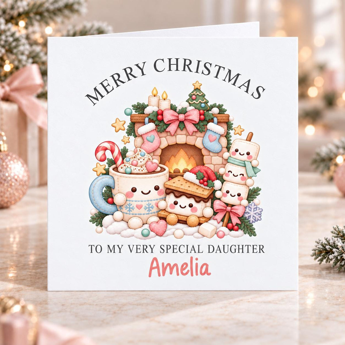 Personalised Cosy Fireplace Christmas Card, Any Name & Relation