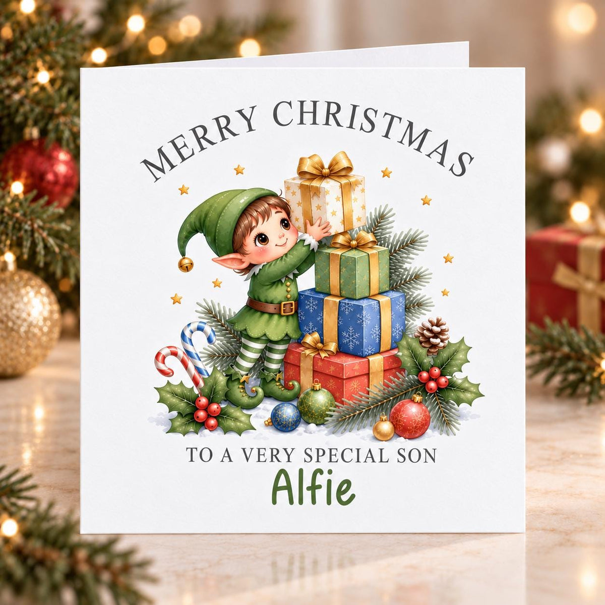 Personalised Elf and Presents Christmas Card, Any Name & Relation