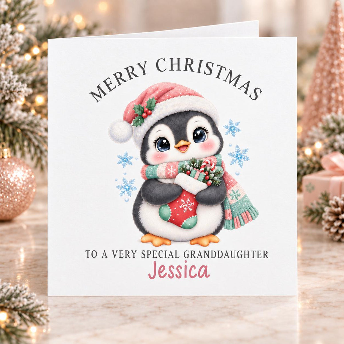 Personalised Penguin Christmas Card, Any Name & Relation
