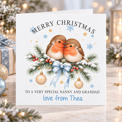 Personalised Robins Christmas Card for Nanny and Grandad, Any Relation & Love From Name