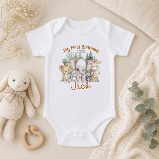 Personalised Jungle Safari My First Birthday 2025 baby vest