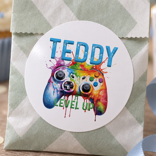 Level Up Gaming Birthday Stickers – Personalised Party Labels