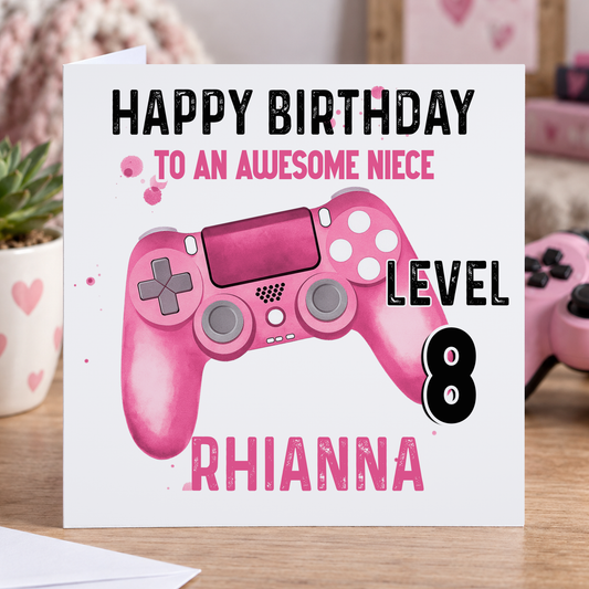 Level Up! Personalised Gamer Birthday Card – Pink Controller Design
