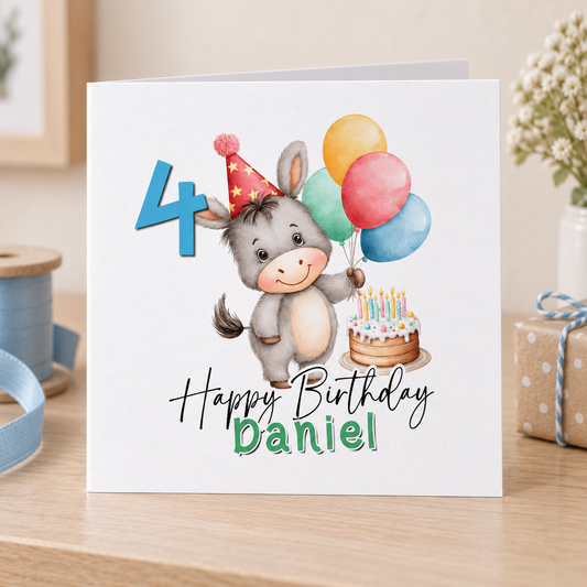 Little Donkey Birthday Card – Personalised with Name & Age
