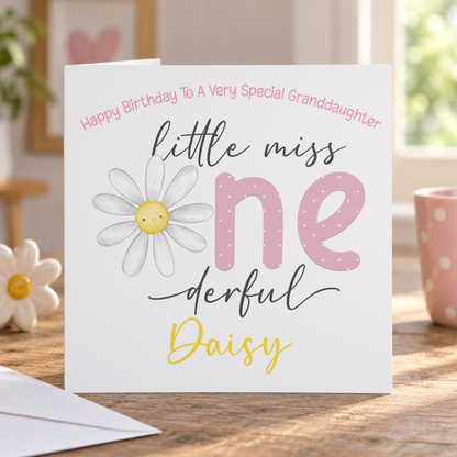 Little Miss One-derful 1st Birthday Card – Personalised Pink Polka Dot & Floral Keepsake