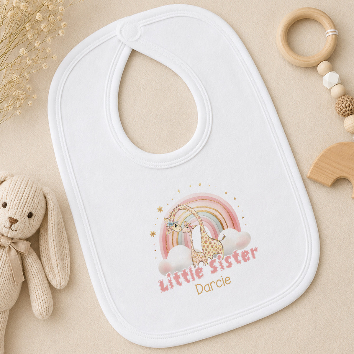 Personalised Little Sister Rainbow Giraffe bib