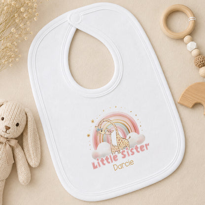 Personalised Little Sister Rainbow Giraffe bib