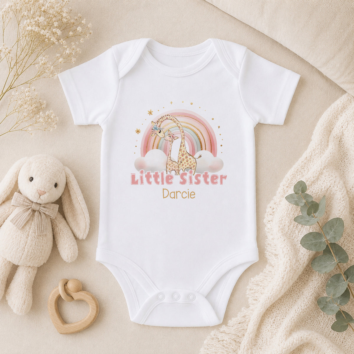 Personalised Little Sister Rainbow Giraffe baby vest