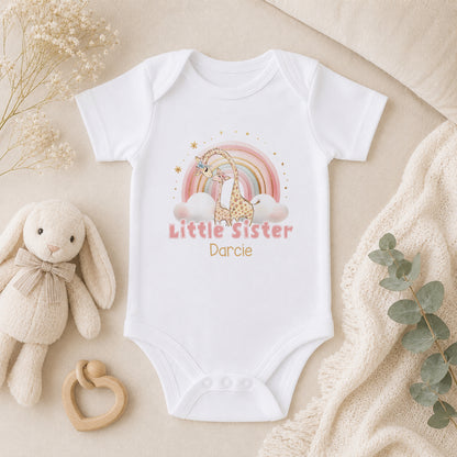 Personalised Little Sister Rainbow Giraffe baby vest