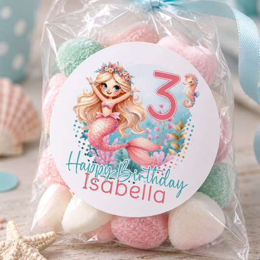 Mermaid Birthday Stickers – Personalised Party Bag Labels