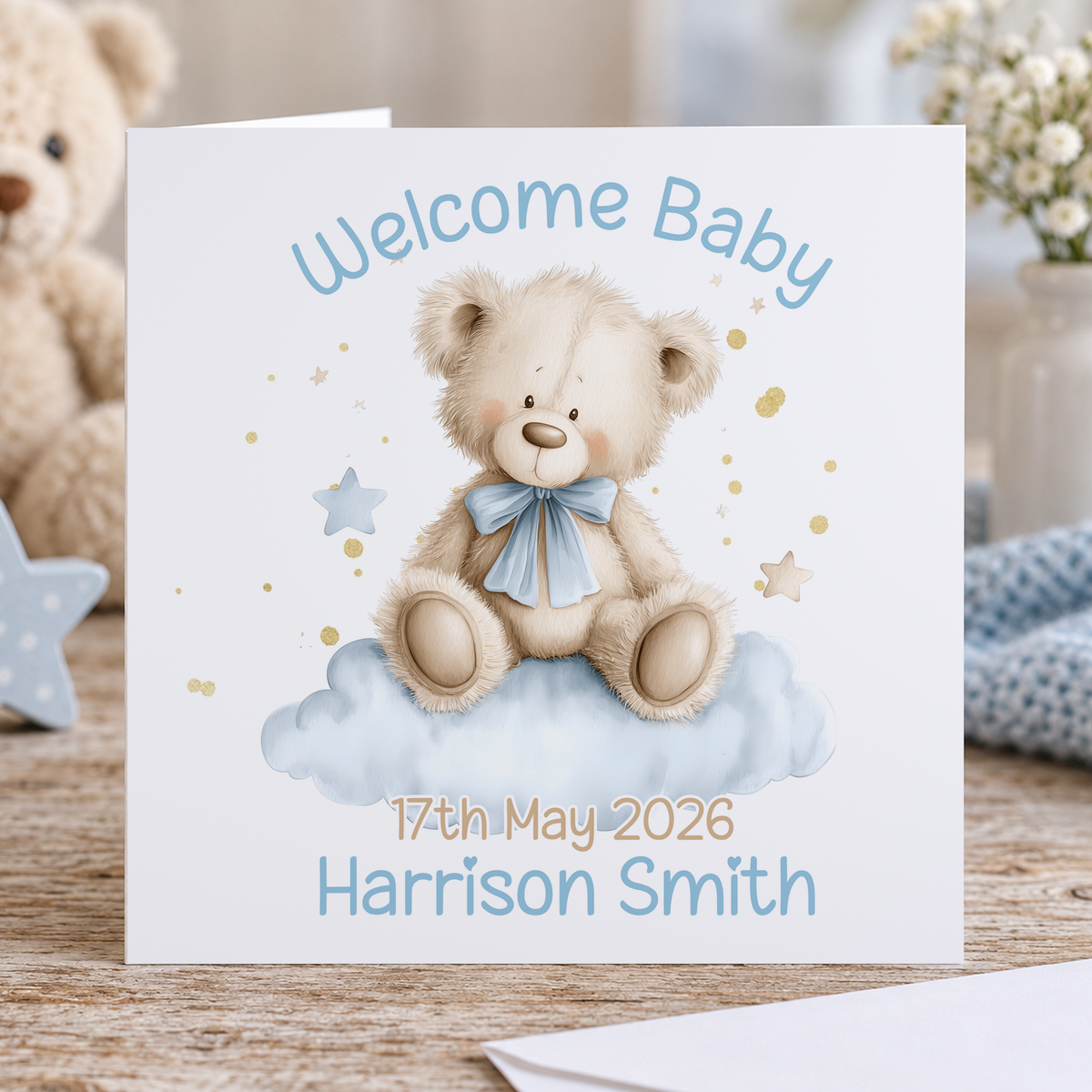 New Baby Boy Card – Teddy Bear on a Cloud Keepsake