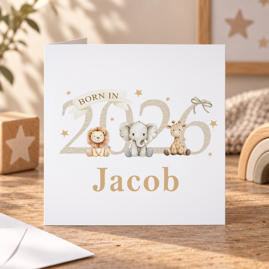Newborn Baby Card – Beige Safari Animals Keepsake