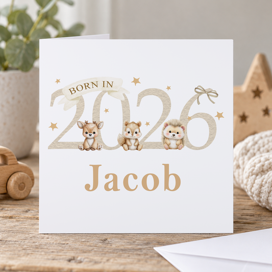 Newborn Baby Card – Beige Woodland Animals Keepsake