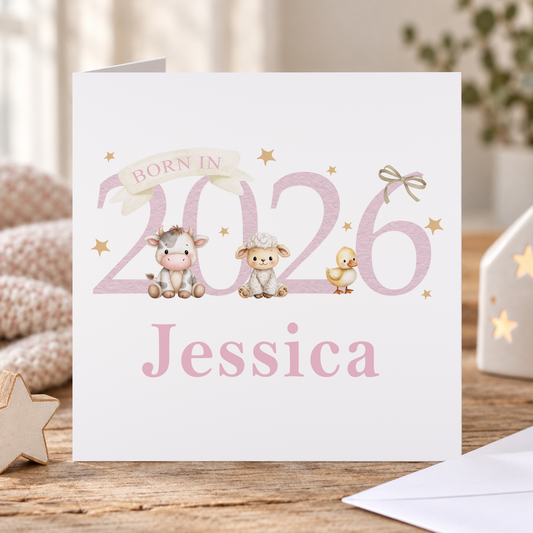 Newborn Baby Card – Pink Rustic Farm Animals Keepsake