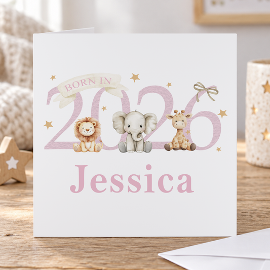 Newborn Baby Card – Pink Safari Animals Keepsake