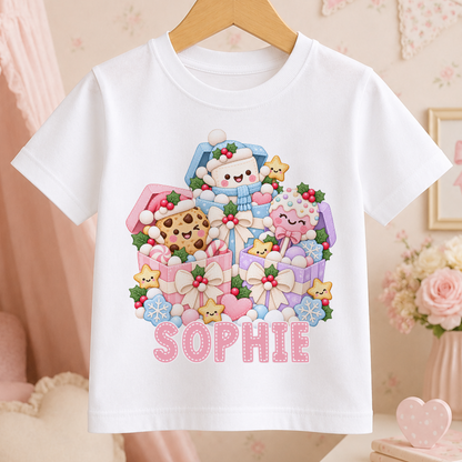 Personalised kawaii Christmas presents t-shirt – white tee with pastel gift boxes, marshmallow, cookie and cake pop characters, with the name Sophie in pink
