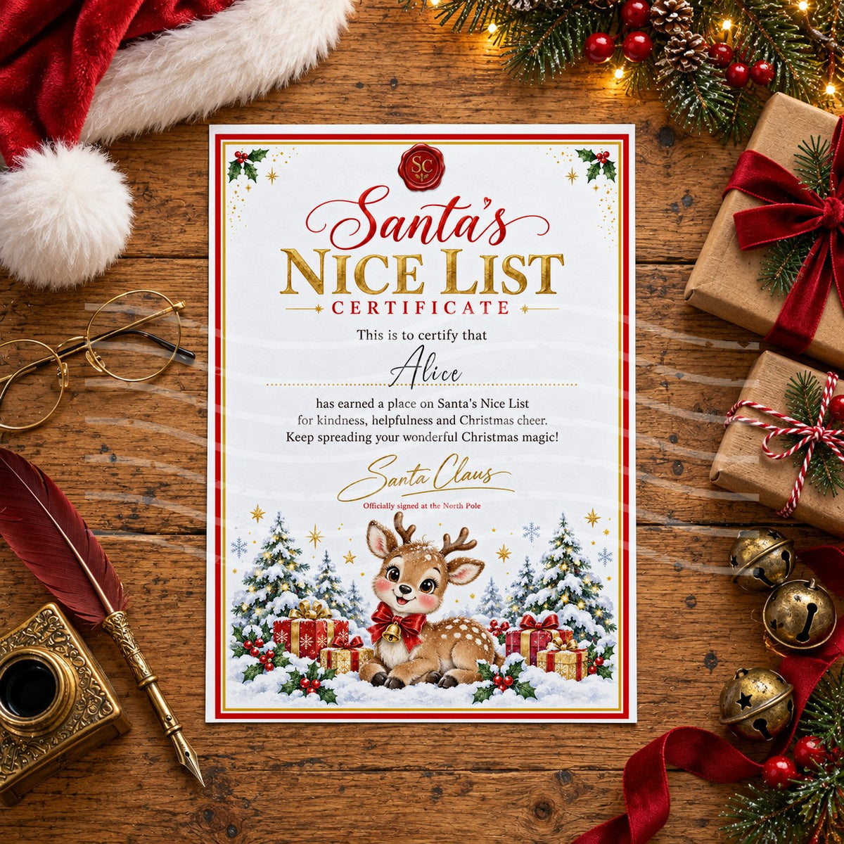 Personalised Santa’s Nice List certificate with a red wax seal, gold lettering and a baby reindeer with a red bow and bell lying in the snow among presents