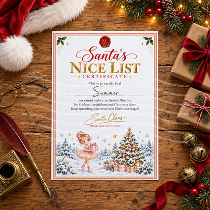 Personalised Santa’s Nice List certificate with a red wax seal, gold lettering and a little ballerina in a pink tutu holding a present beside a pink and gold Christmas tree