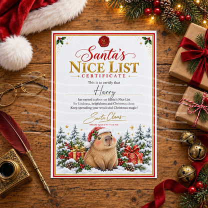 Personalised Santa’s Nice List certificate with a red wax seal, gold lettering and a cute capybara in a Santa hat surrounded by presents and snowy trees