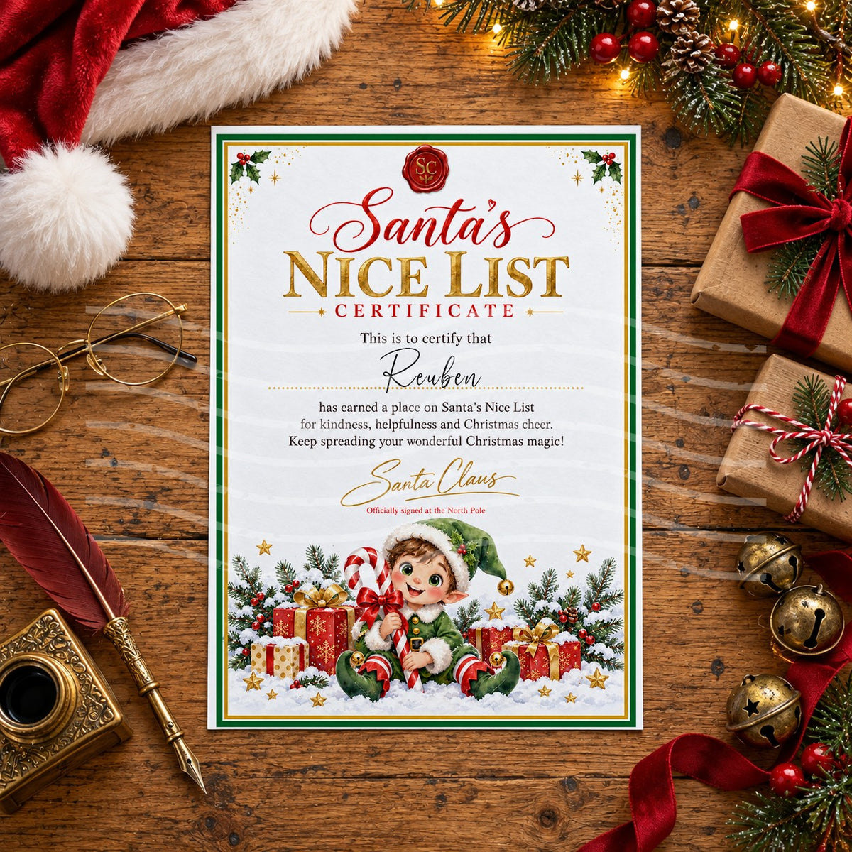 Personalised Santa’s Nice List certificate with a red wax seal, gold lettering and a smiling Christmas elf in green holding a candy cane among presents