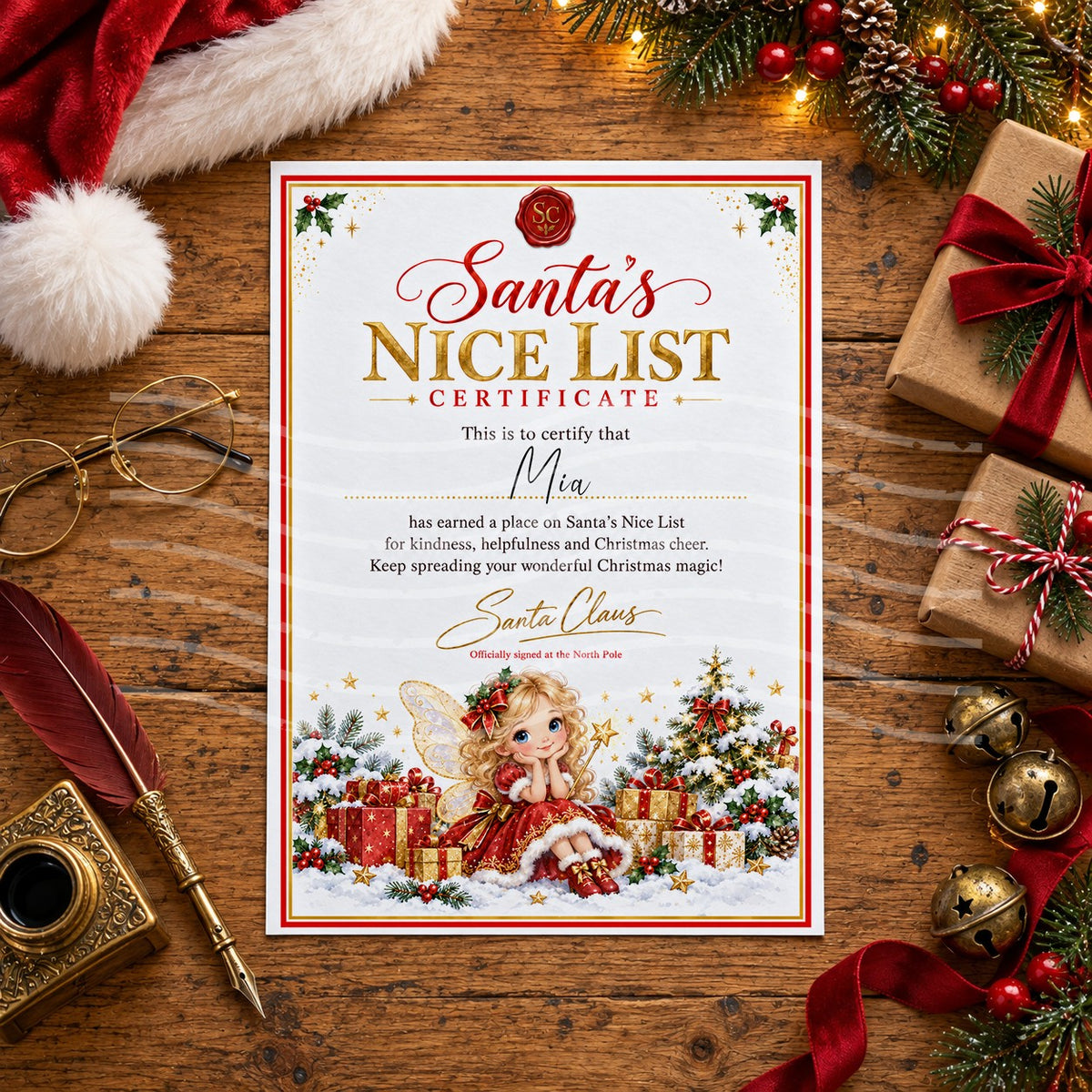 Personalised Santa’s Nice List certificate with a Christmas fairy with blonde hair in a red dress among presents