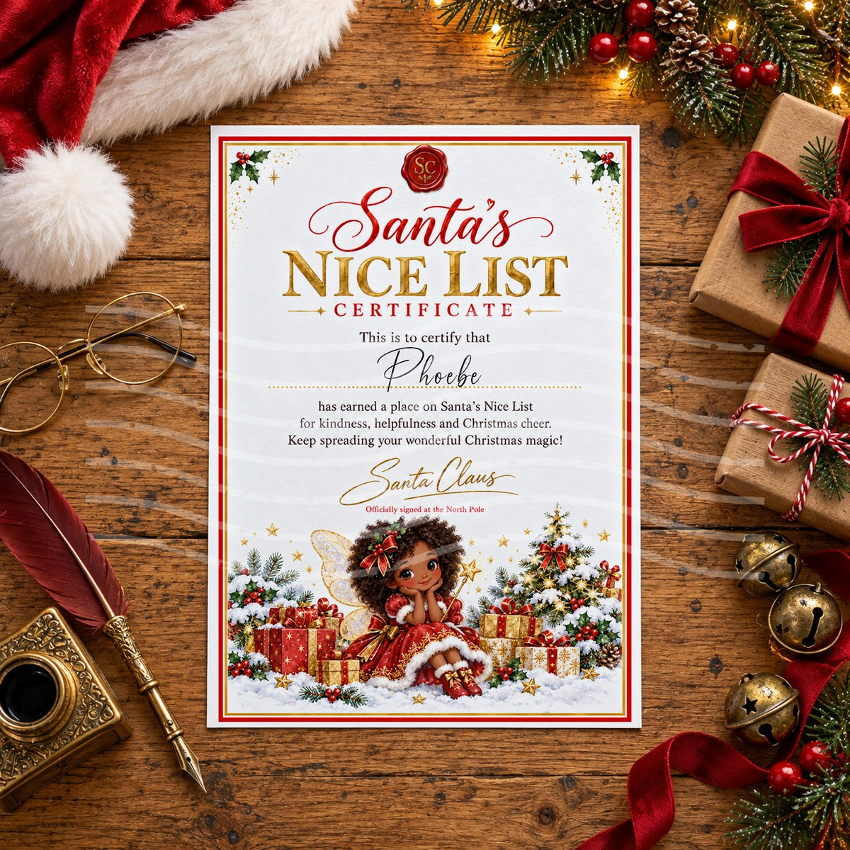 Personalised Santa’s Nice List certificate with a Christmas fairy with dark curly hair in a red dress among presents