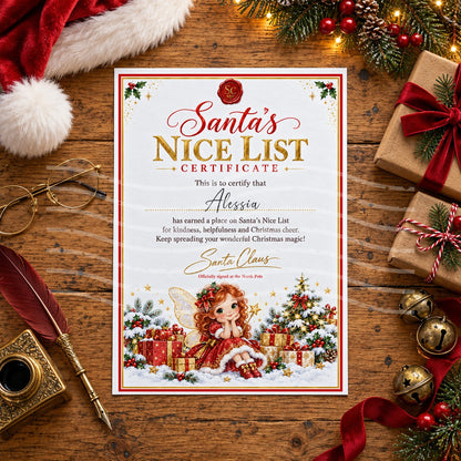 Personalised Santa’s Nice List certificate with a Christmas fairy with red hair in a red dress among presents