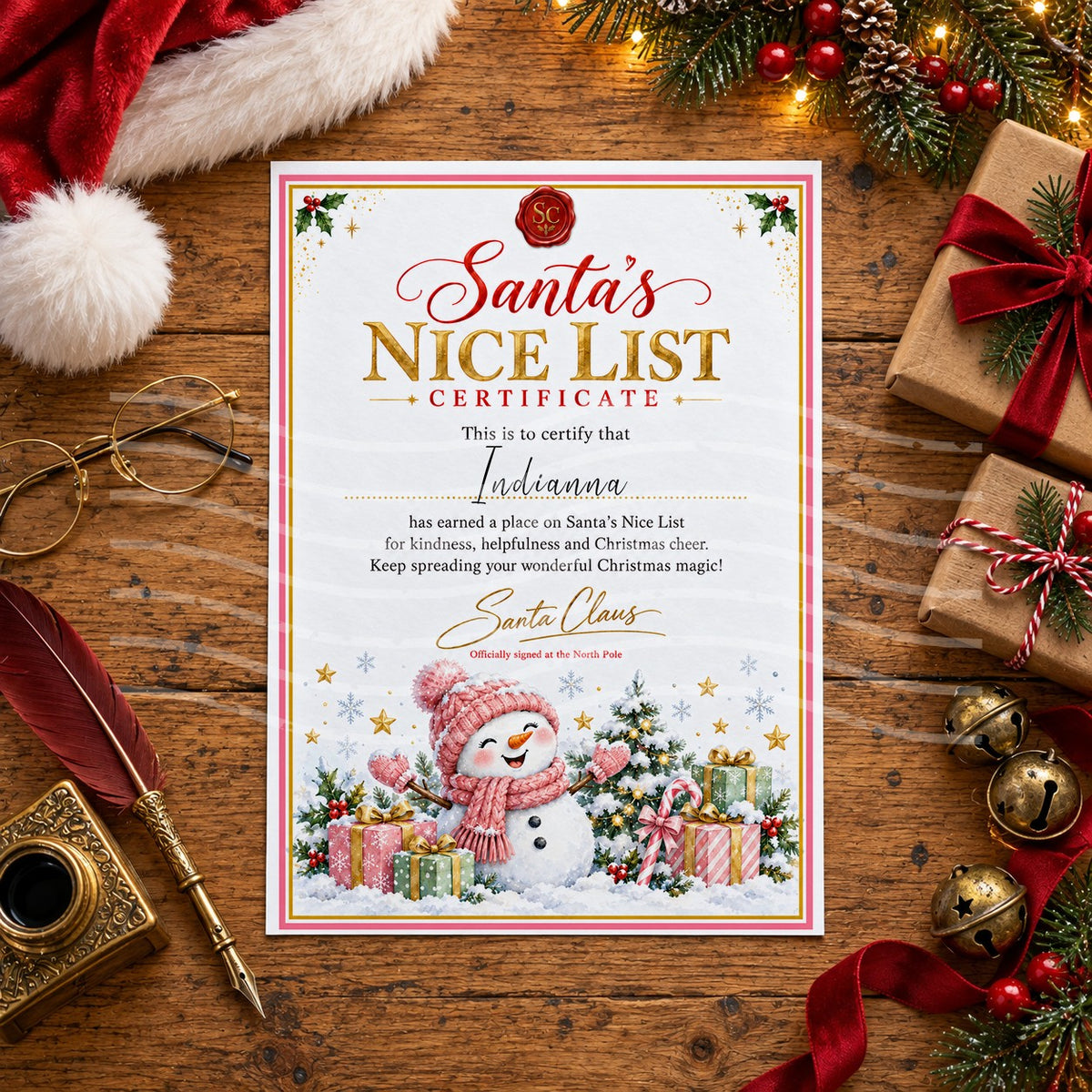 Personalised Santa’s Nice List certificate with a red wax seal, gold lettering and a smiling snowman in a pink knitted hat and scarf with pink and green presents
