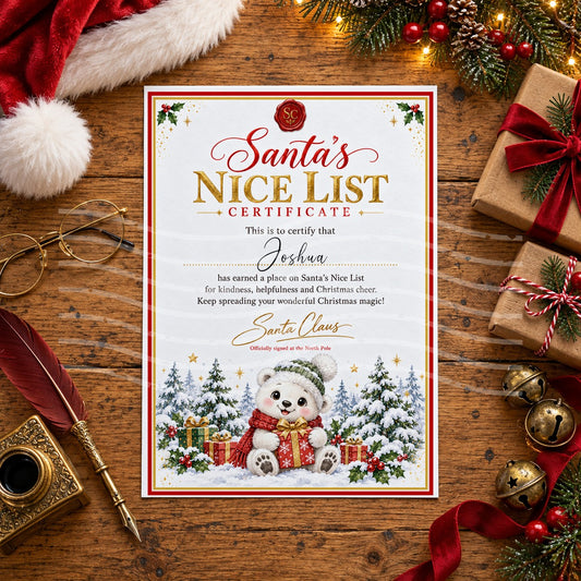 Personalised Santa’s Nice List certificate with a red wax seal, gold lettering and a polar bear cub in a green bobble hat and red scarf hugging a present among snowy trees